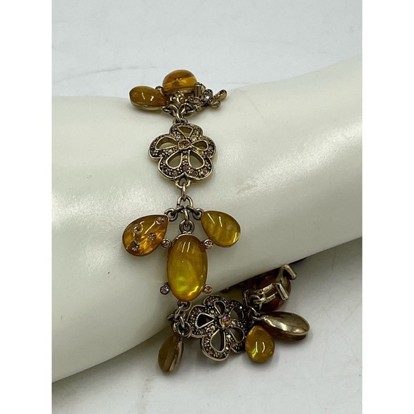 Monet Signed Yellow Cabochons & Antiqued Gold Tone Dangle Pave Toggle Bracelet - Picture 2 of 15